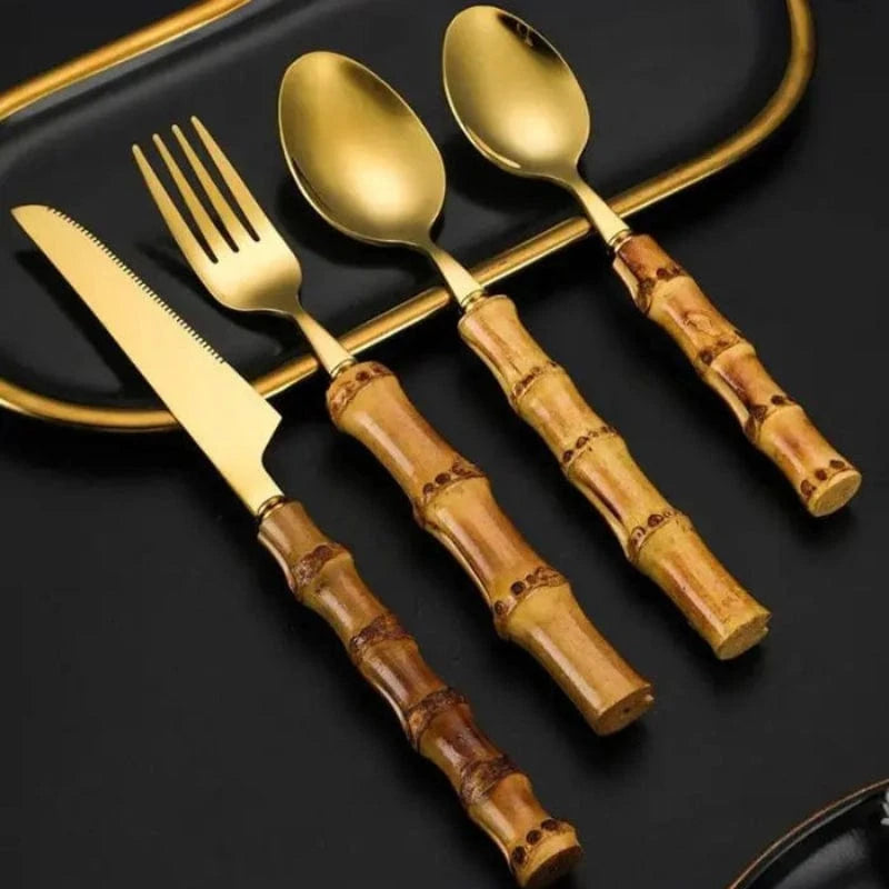 24 stk. Bambushåndtag Bestiksæt - Rustfrit Stål - Miljøvenlig - Håndlavet Flatware Sets Danmarkmode.dk
