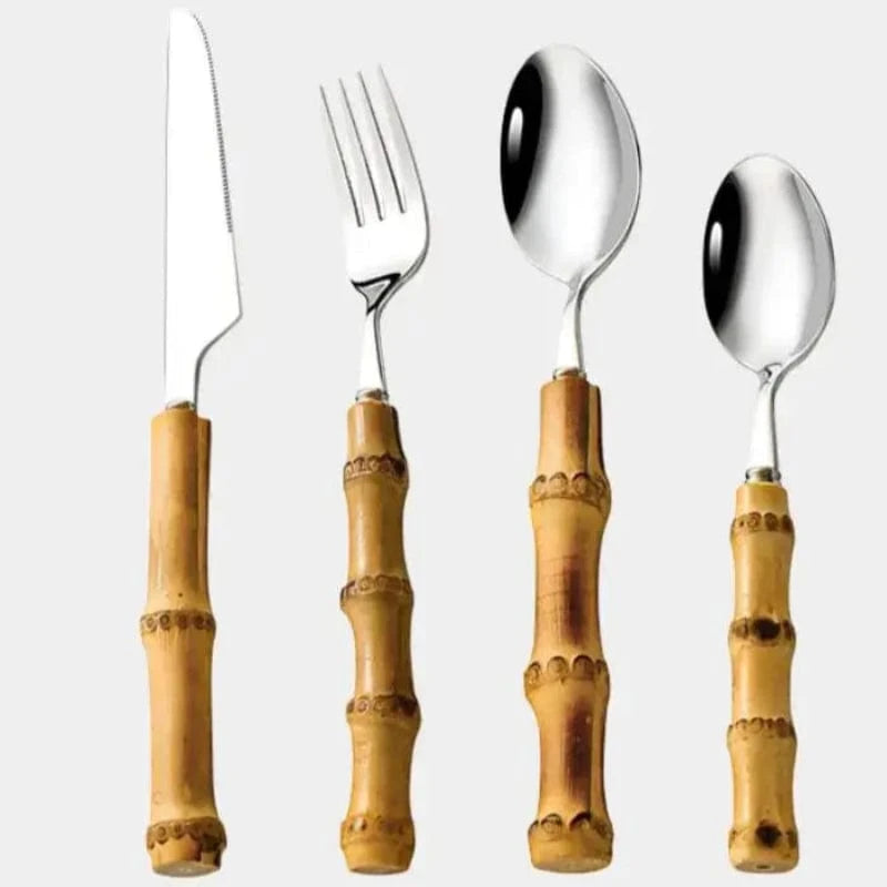 24 stk. Bambushåndtag Bestiksæt - Rustfrit Stål - Miljøvenlig - Håndlavet Flatware Sets Danmarkmode.dk