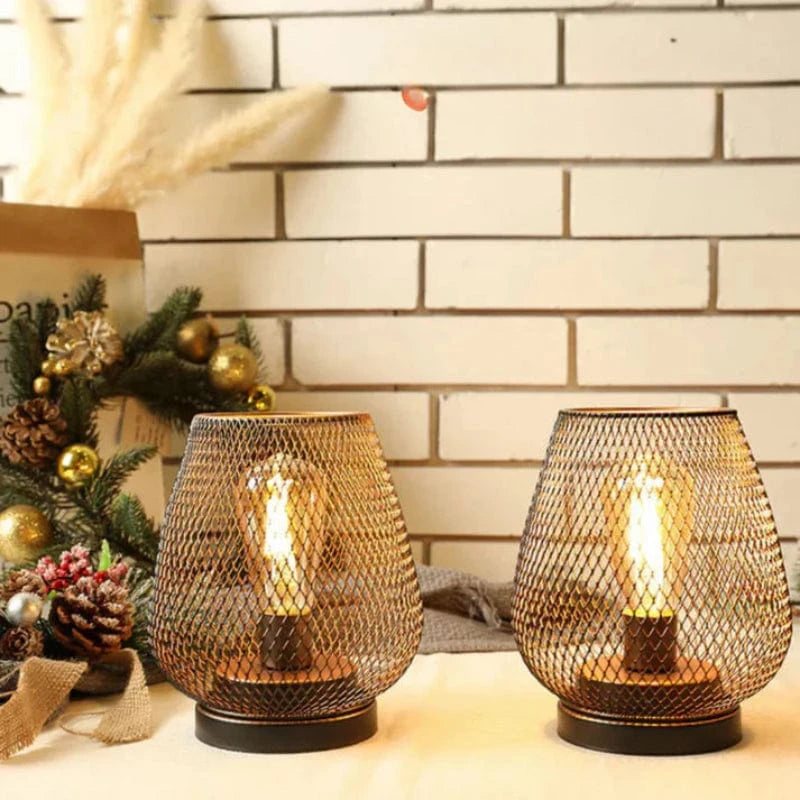 2 stk. Batteridrevet Metalbur LED Lanterne - Bordlampe - Dæmpbar - Indendørs og Udendørs