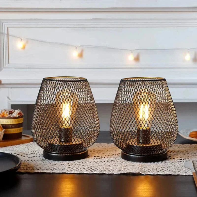 2 stk. Batteridrevet Metalbur LED Lanterne - Bordlampe - Dæmpbar - Indendørs og Udendørs