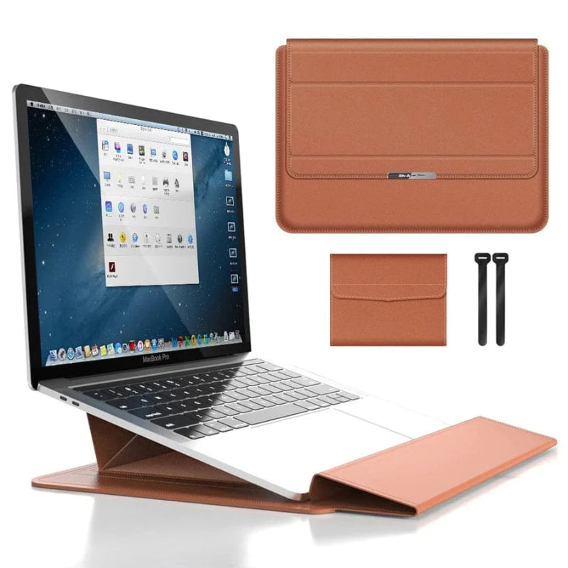 3 i 1 Laptop Sleeve med Håndledsstøtte og Stativ - Vandtæt - Ergonomisk - PU Læder