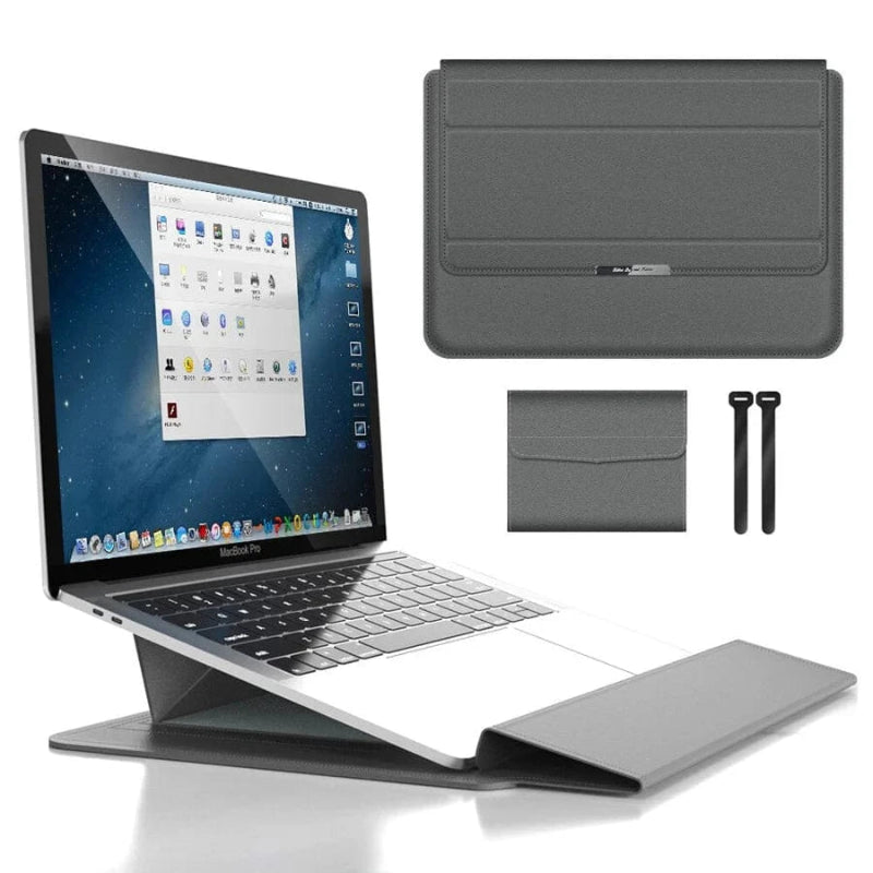 3 i 1 Laptop Sleeve med Håndledsstøtte og Stativ - Vandtæt - Ergonomisk - PU Læder