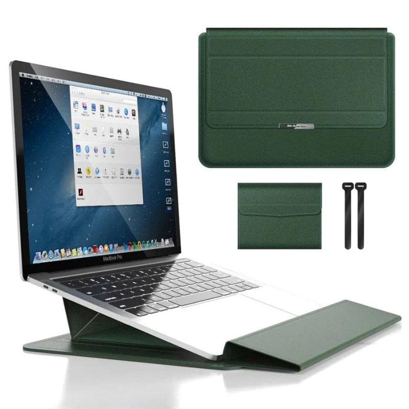 3 i 1 Laptop Sleeve med Håndledsstøtte og Stativ - Vandtæt - Ergonomisk - PU Læder