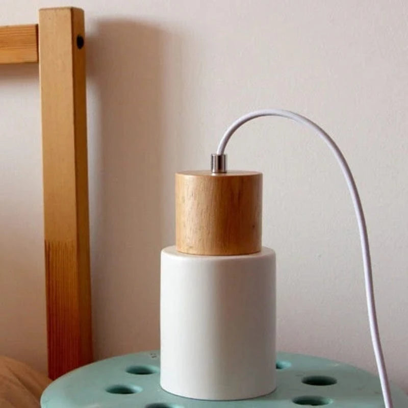 Massivt Træ Metal Cylinder Pendel Lampe - E27 - LED - Ø 10cm