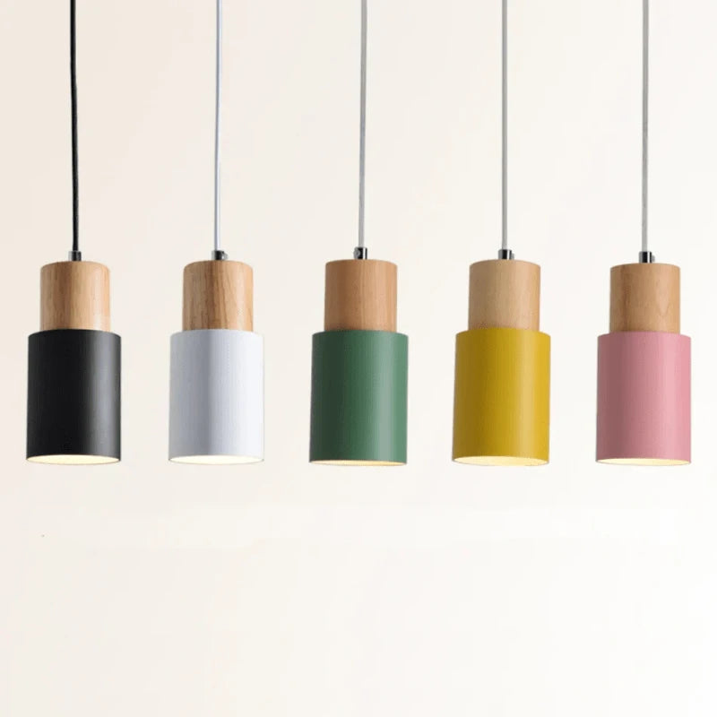 Massivt Træ Metal Cylinder Pendel Lampe - E27 - LED - Ø 10cm