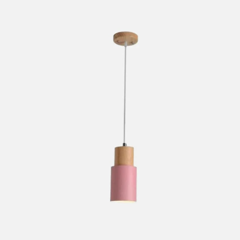 Massivt Træ Metal Cylinder Pendel Lampe - E27 - LED - Ø 10cm