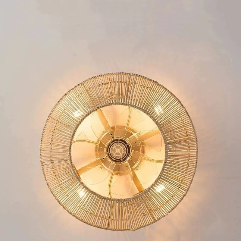 Rattan Loftventilator med Lys - Boho - Vævet Bambus - ABS Ventilatorblad