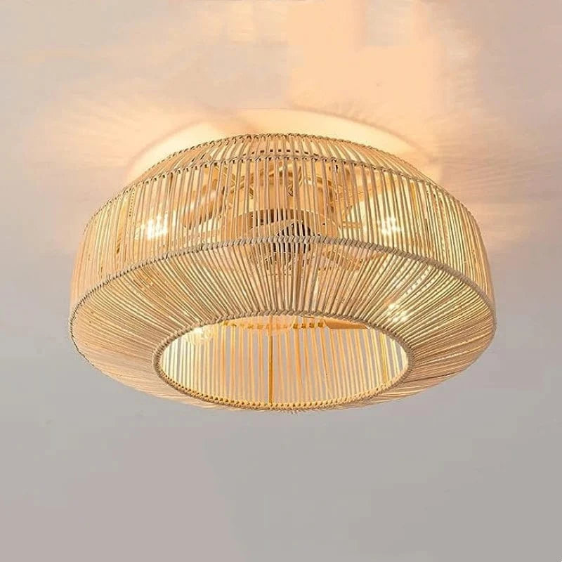 Rattan Loftventilator med Lys - Boho - Vævet Bambus - ABS Ventilatorblad