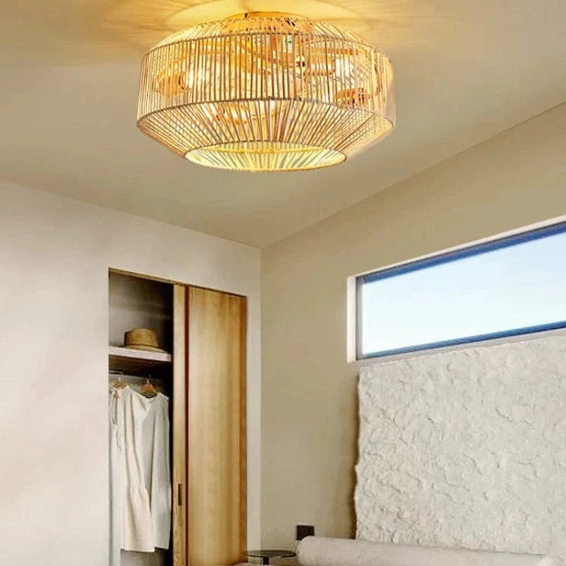 Rattan Loftventilator med Lys - Boho - Vævet Bambus - ABS Ventilatorblad