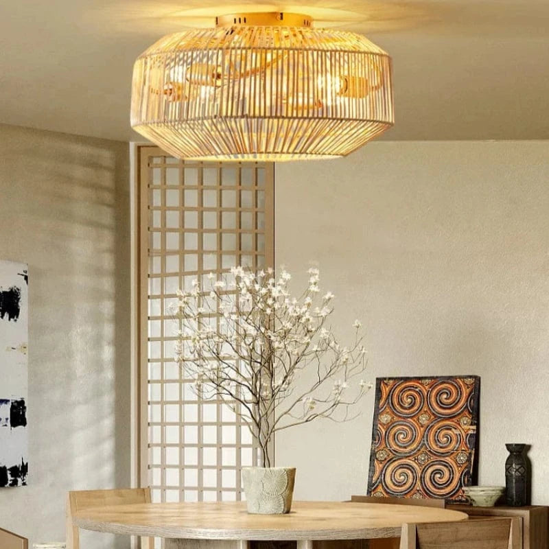 Rattan Loftventilator med Lys - Boho - Vævet Bambus - ABS Ventilatorblad