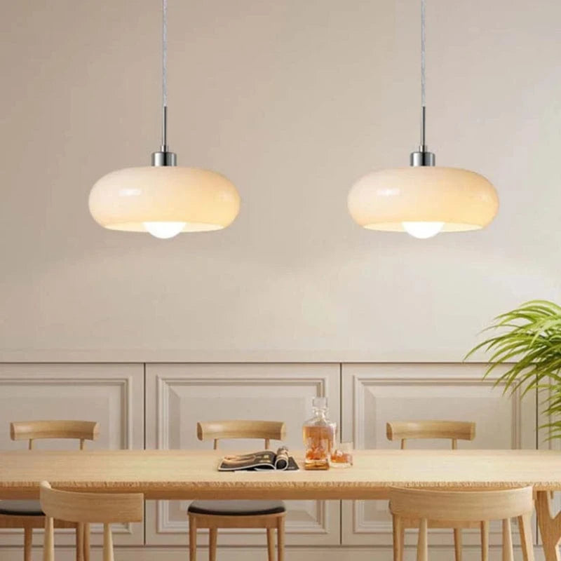 Retro Bauhaus Rund Glas Pendellampe - Opalglas - Metal - E27