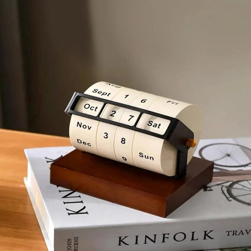 Retro Roterende Hjul Træ Kalender 2025 - Evighedskalender - Skrivebord - Manual
