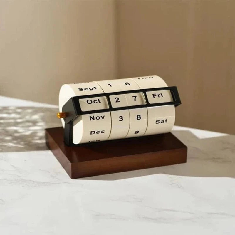 Retro Roterende Hjul Træ Kalender 2025 - Evighedskalender - Skrivebord - Manual
