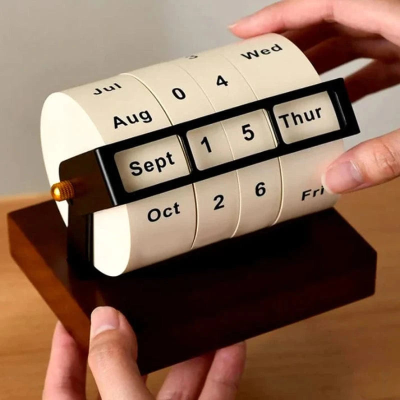 Retro Roterende Hjul Træ Kalender 2025 - Evighedskalender - Skrivebord - Manual