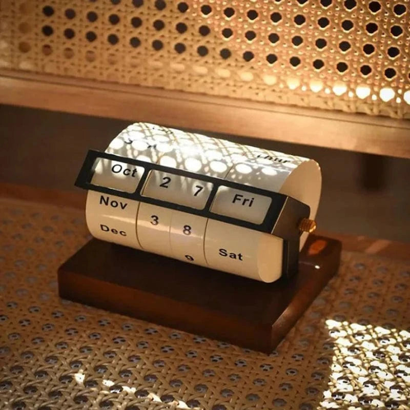 Retro Roterende Hjul Træ Kalender 2025 - Evighedskalender - Skrivebord - Manual