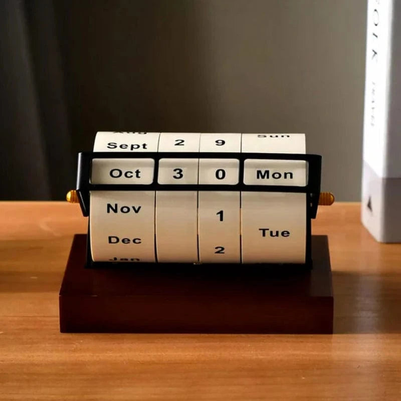 Retro Roterende Hjul Træ Kalender 2025 - Evighedskalender - Skrivebord - Manual