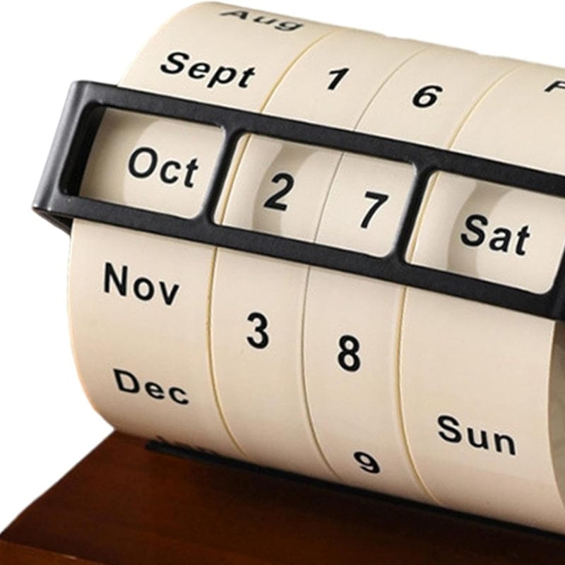 Retro Roterende Hjul Træ Kalender 2025 - Evighedskalender - Skrivebord - Manual