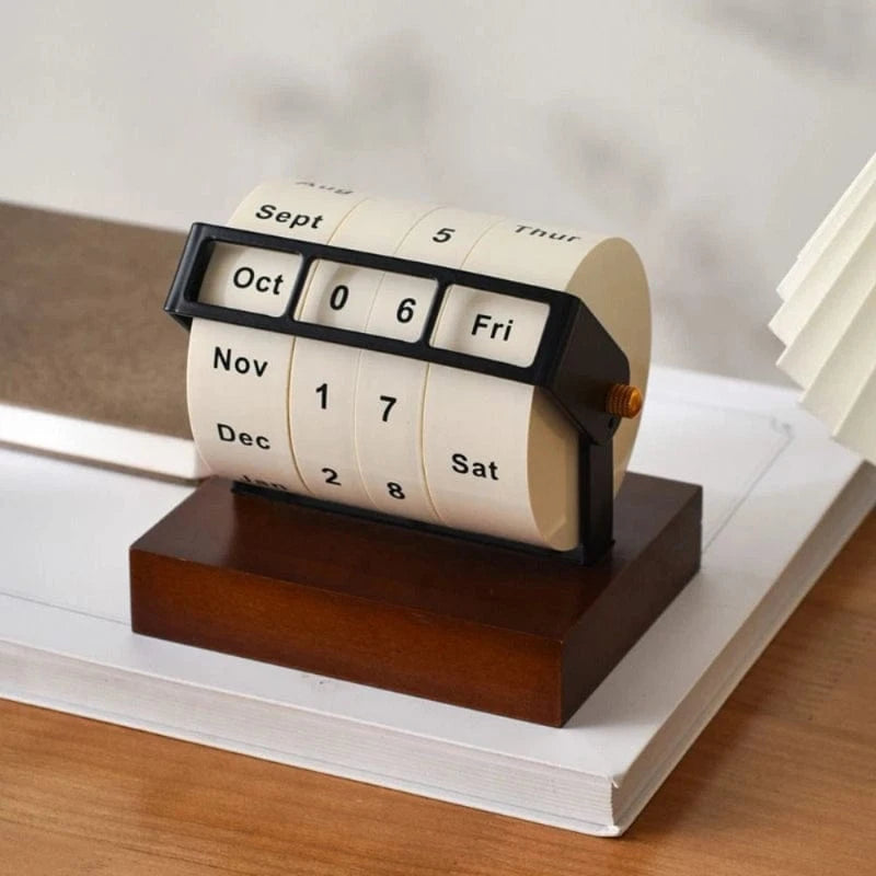 Retro Roterende Hjul Træ Kalender 2025 - Evighedskalender - Skrivebord - Manual