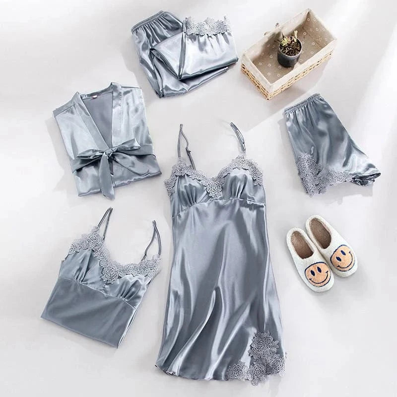 Satin Blomstret Blonde Nattøj Sæt - Loungewear - Natkjole - Pyjamas Sæt - 5 dele
