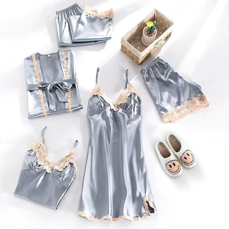 Satin Blomstret Blonde Nattøj Sæt - Loungewear - Natkjole - Pyjamas Sæt - 5 dele