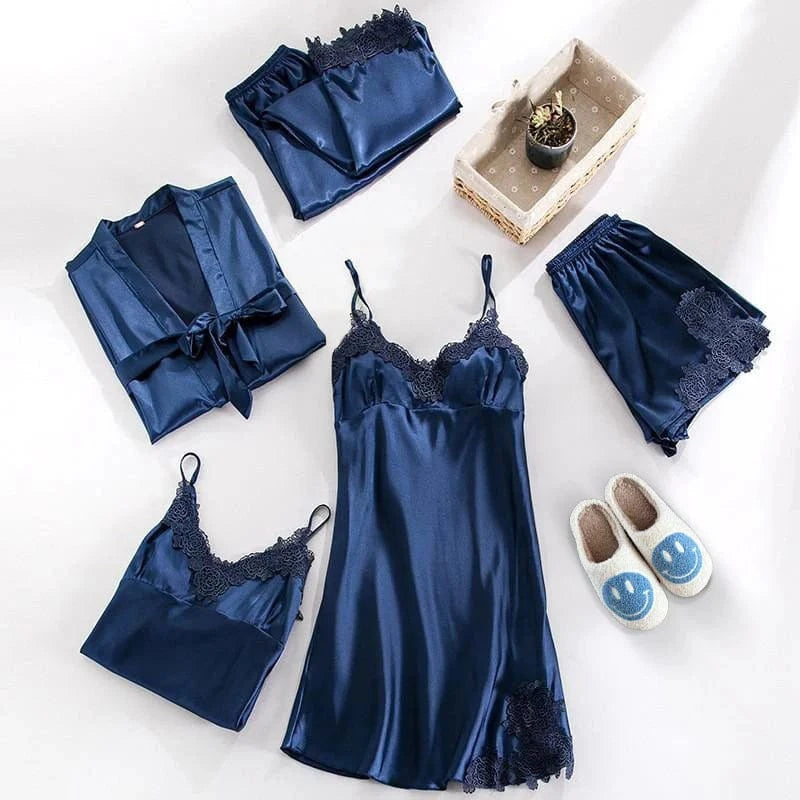 Satin Blomstret Blonde Nattøj Sæt - Loungewear - Natkjole - Pyjamas Sæt - 5 dele