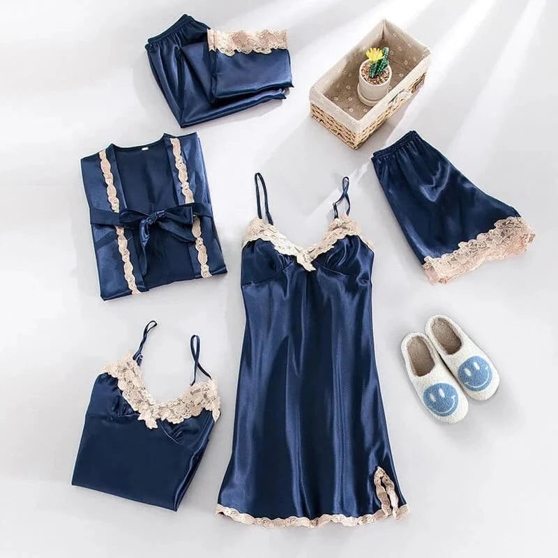 Satin Blomstret Blonde Nattøj Sæt - Loungewear - Natkjole - Pyjamas Sæt - 5 dele