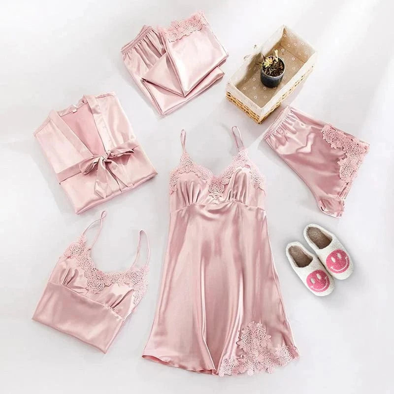 Satin Blomstret Blonde Nattøj Sæt - Loungewear - Natkjole - Pyjamas Sæt - 5 dele