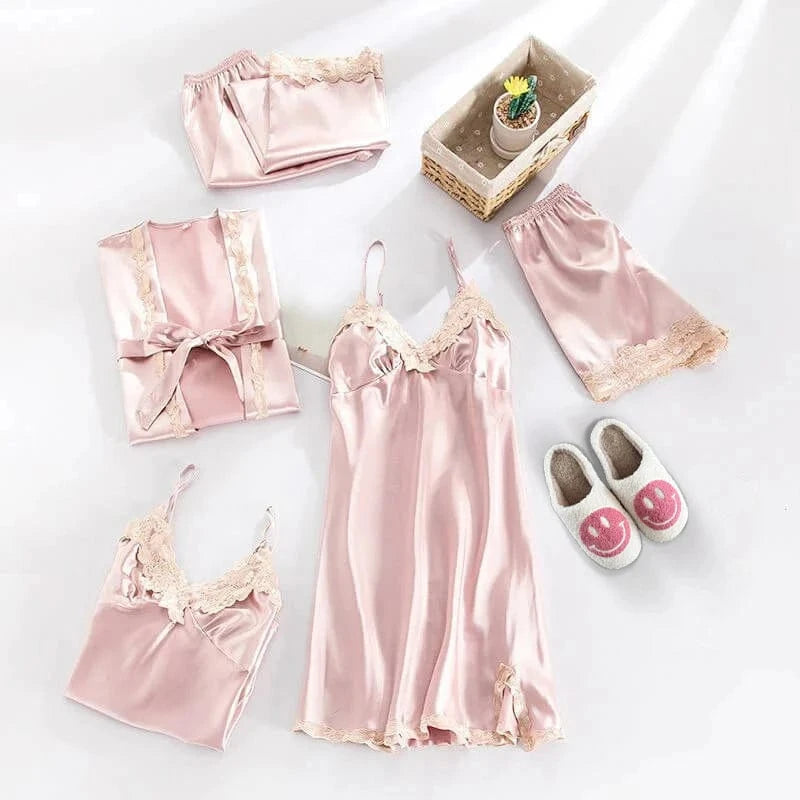 Satin Blomstret Blonde Nattøj Sæt - Loungewear - Natkjole - Pyjamas Sæt - 5 dele