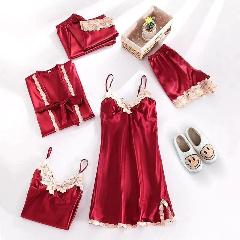 Satin Blomstret Blonde Nattøj Sæt - Loungewear - Natkjole - Pyjamas Sæt - 5 dele