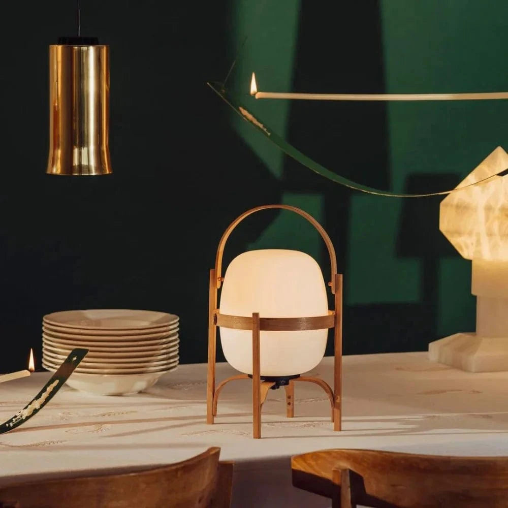 Træramme Ovalt Glas Bordlampe - Bærbar - Gulvlampe - Lanterne