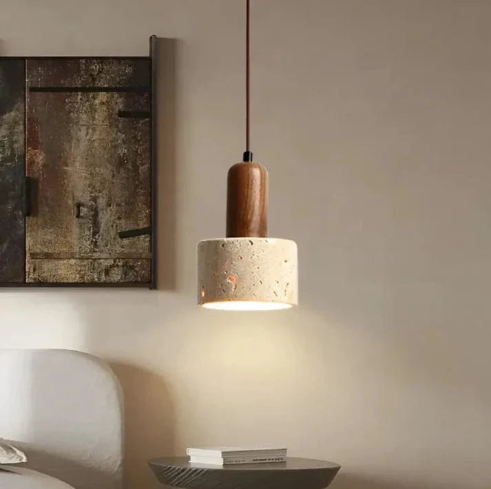 Wabi Sabi Travertine Sten Pendellampe - Rund - Japandi - Træ
