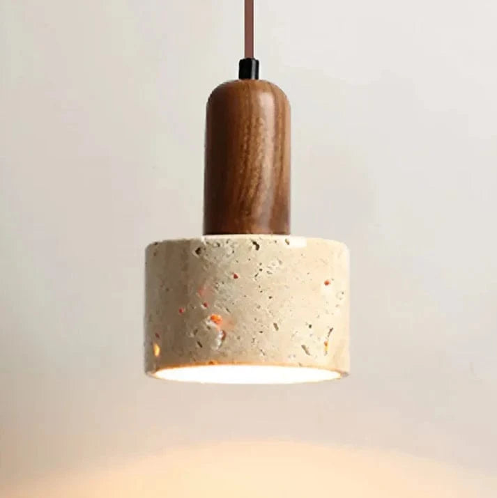 Wabi Sabi Travertine Sten Pendellampe - Rund - Japandi - Træ