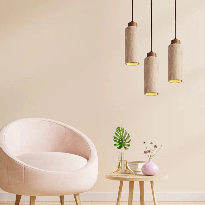 Wabi Sabi Træ Sten Rør Pendel Lampe - Travertine - Hængende - Sæt