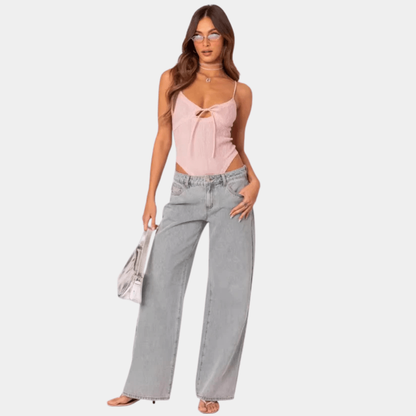 Broderet Lyserød Sløjfe Baggy Jeans Dame - Denim - Streetwear - Lige Jeans Danmarkmode.dk