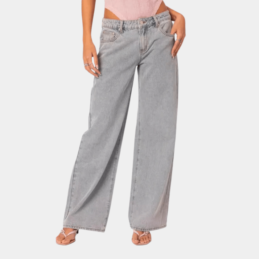 Broderet Lyserød Sløjfe Baggy Jeans Dame - Denim - Streetwear - Lige Jeans Danmarkmode.dk