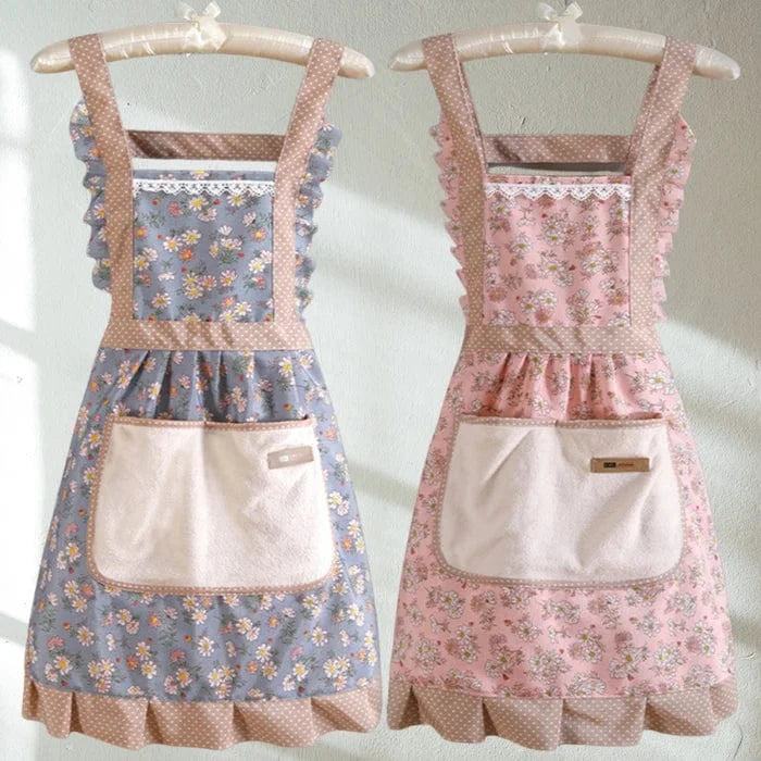 Chic Boho Blomster Køkken Forklæde - Canvas - Flæser - Vandtæt Aprons Danmarkmode.dk