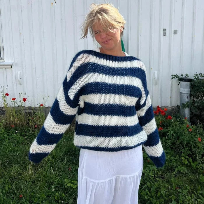 Chic Stribe Strikket Sweater Dame - Off Shoulder - Løs - Langærmet Sweaters Danmarkmode.dk