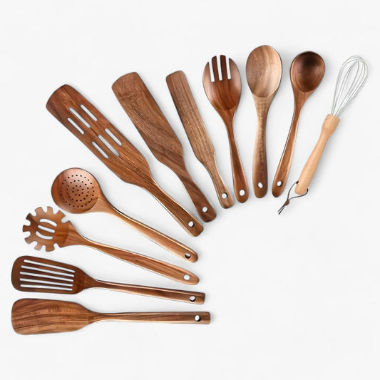 EcoWood 11-delt holdbart køkkenredskabssæt i træ - miljøvenligt, stilfuldt, hjem, madlavning, naturligt, multifunktionelt Wooden Kitchen Set Danmarkmode.dk