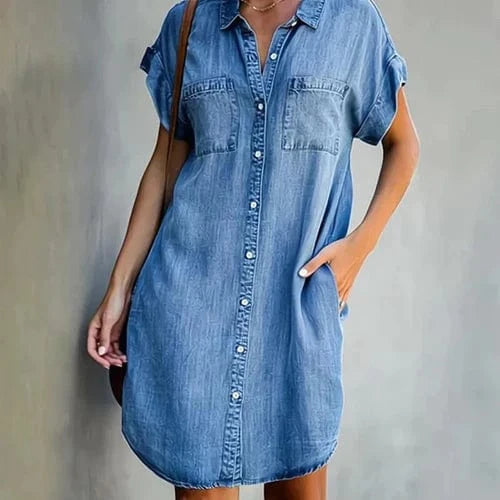 Elegant denim skjortekjole til sommeren Mini Dress Danmarkmode.dk