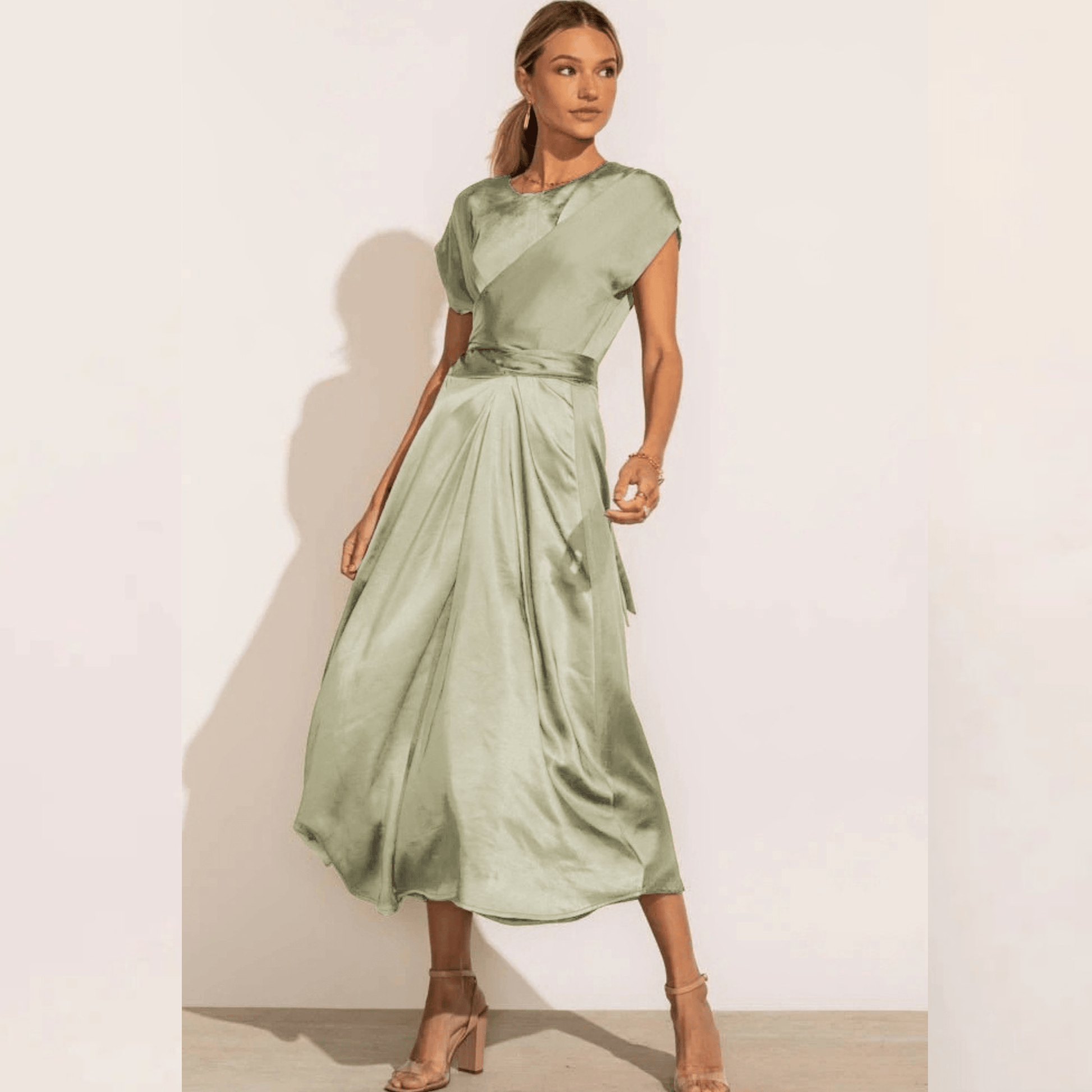 Elegant Kjole, Drapering, Sofistikeret Stil, Vanero, Festkjole, Dametøj, Korte Ermer, Beige, Polyester Midi Dresses Danmarkmode.dk