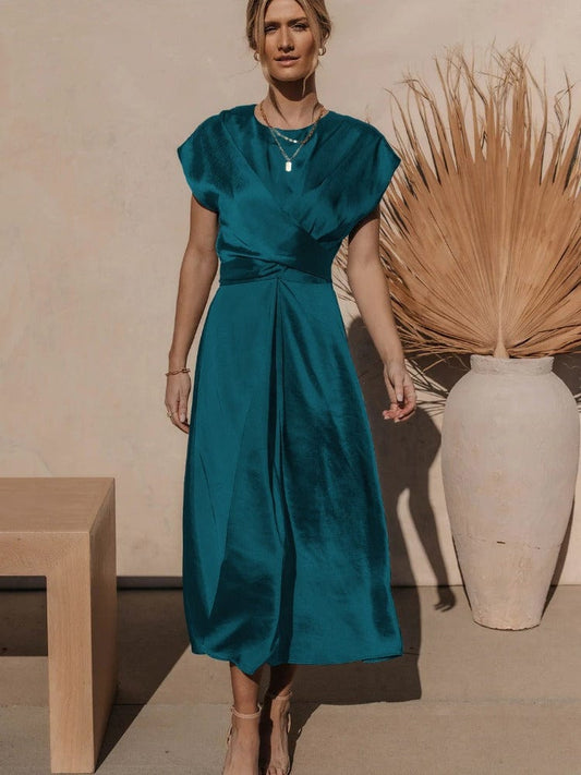 Elegant Kjole, Drapering, Sofistikeret Stil, Vanero, Festkjole, Dametøj, Korte Ermer, Beige, Polyester Midi Dresses Danmarkmode.dk