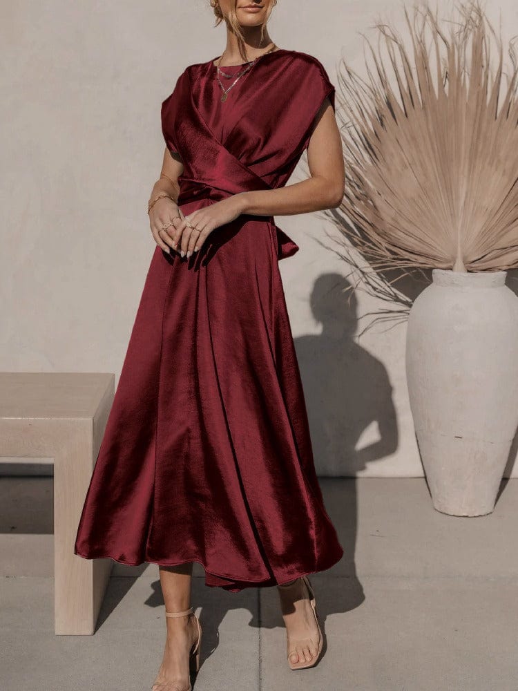 Elegant Kjole, Drapering, Sofistikeret Stil, Vanero, Festkjole, Dametøj, Korte Ermer, Beige, Polyester Midi Dresses Danmarkmode.dk