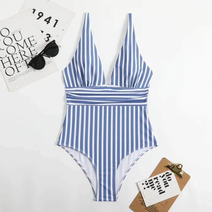 Et Stykke Stripped Badedragt - Badetøj - Rygfri - V-hals One-Piece Swimsuits Danmarkmode.dk