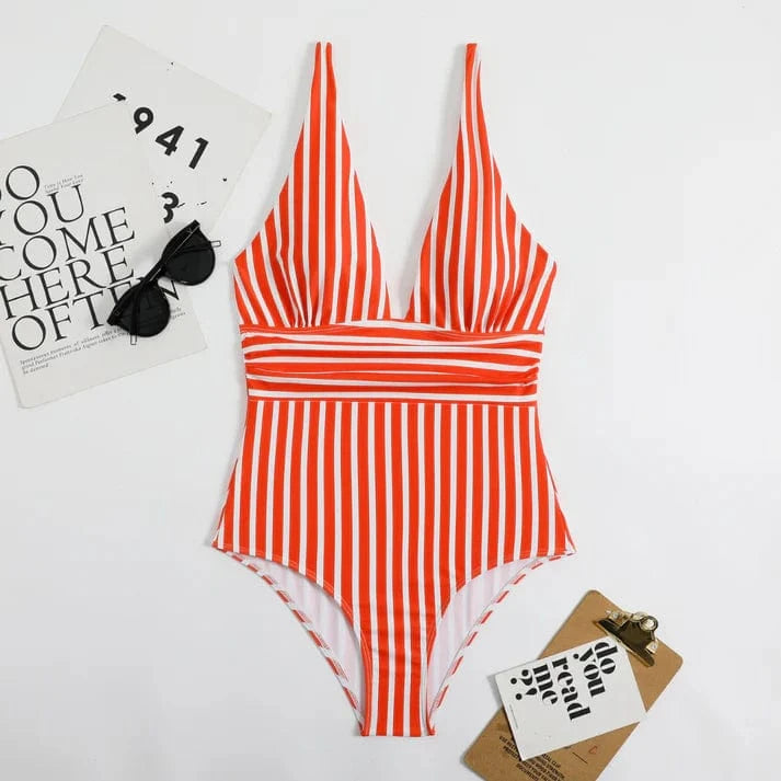 Et Stykke Stripped Badedragt - Badetøj - Rygfri - V-hals One-Piece Swimsuits Danmarkmode.dk