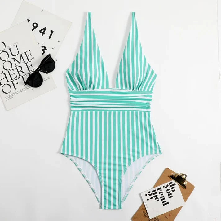 Et Stykke Stripped Badedragt - Badetøj - Rygfri - V-hals One-Piece Swimsuits Danmarkmode.dk