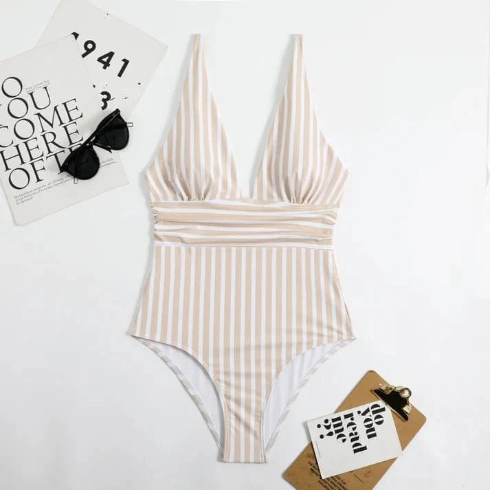Et Stykke Stripped Badedragt - Badetøj - Rygfri - V-hals One-Piece Swimsuits Danmarkmode.dk