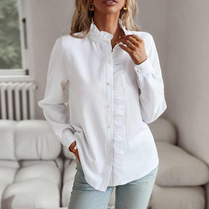 Flæsebesætning Langt ærme Bluser Dame - Stribet - Sommerbluser - Bluse med Flæser Blouses Danmarkmode.dk