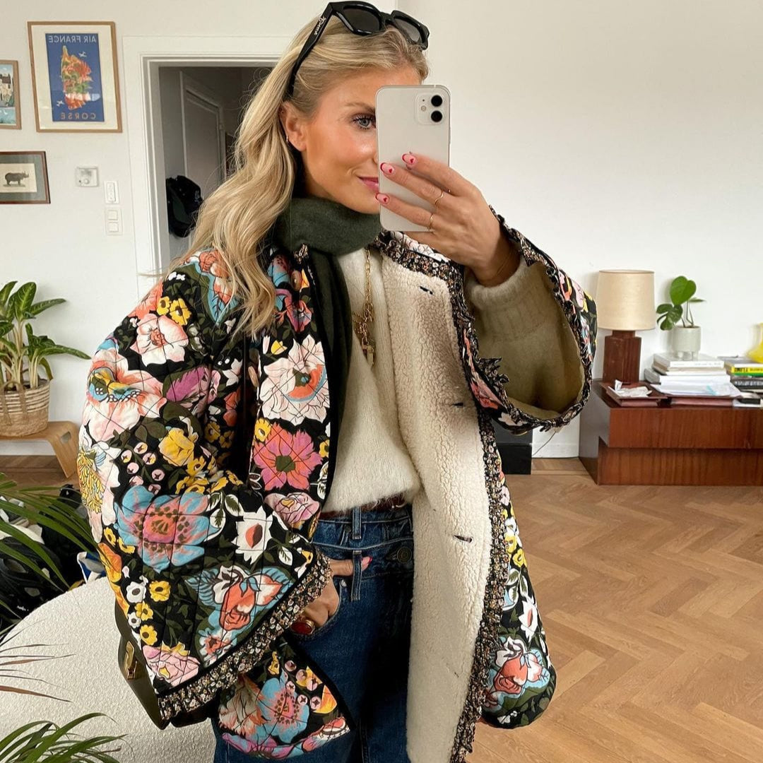 Fleece-Foret Blomstret Oversize Jakke Til Dame Jackets Danmarkmode.dk