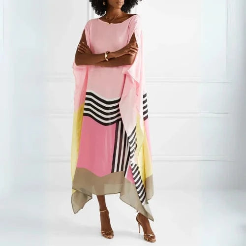 Geometrisk Mønster Kaftan Kjole Dame - Silke - Rund Hals - Sommerkjole Dresses Danmarkmode.dk