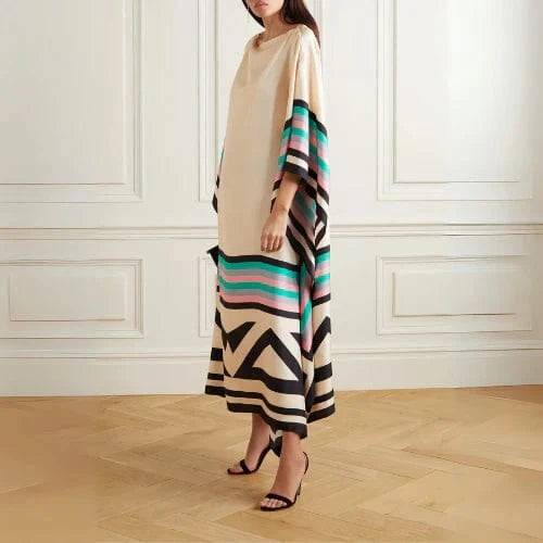 Geometrisk Mønster Kaftan Kjole Dame - Silke - Rund Hals - Sommerkjole Dresses Danmarkmode.dk